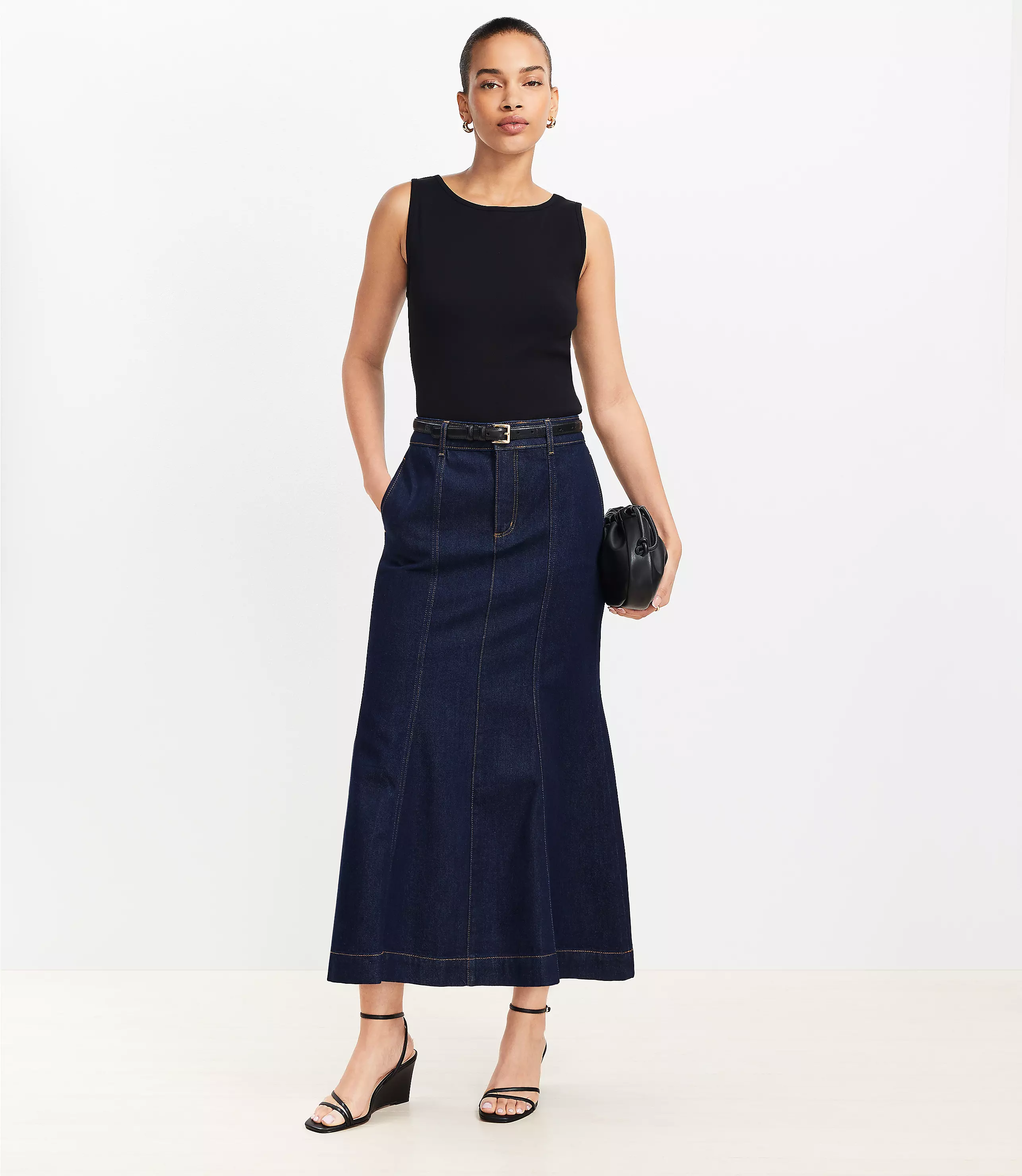 Denim Trumpet Maxi Skirt in Dark Rinse