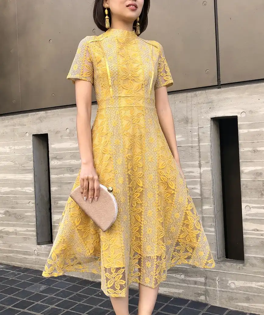 ハイネックデザインショートスリーブレースミディアムドレス