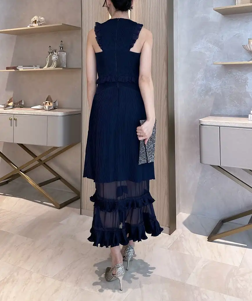 アメリカンスリーブレースロングドレス―ネイビー-S