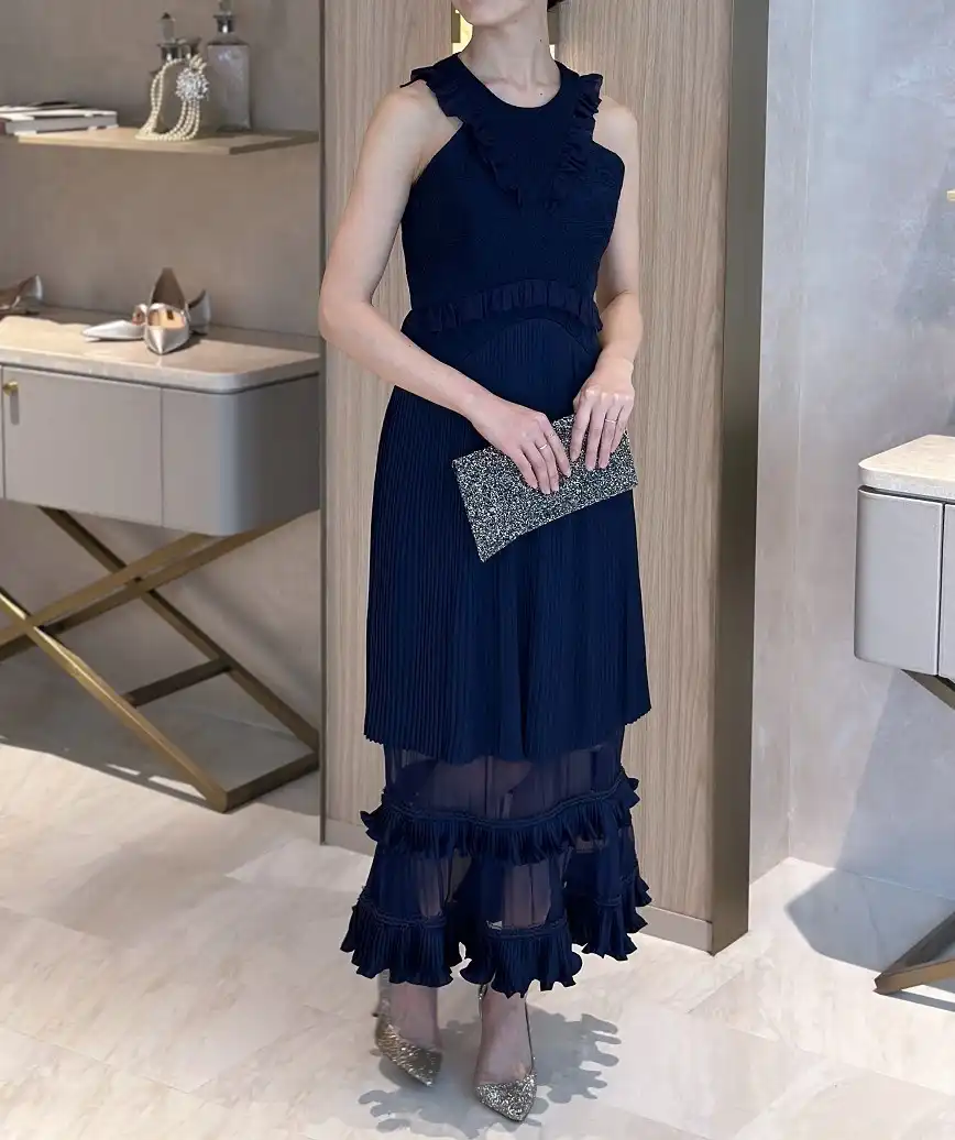 アメリカンスリーブレースロングドレス―ネイビー-S