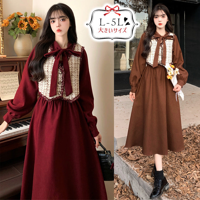 大きいサイズ レディース｜クラシカルリボンベスト付きワンピース(L/LL