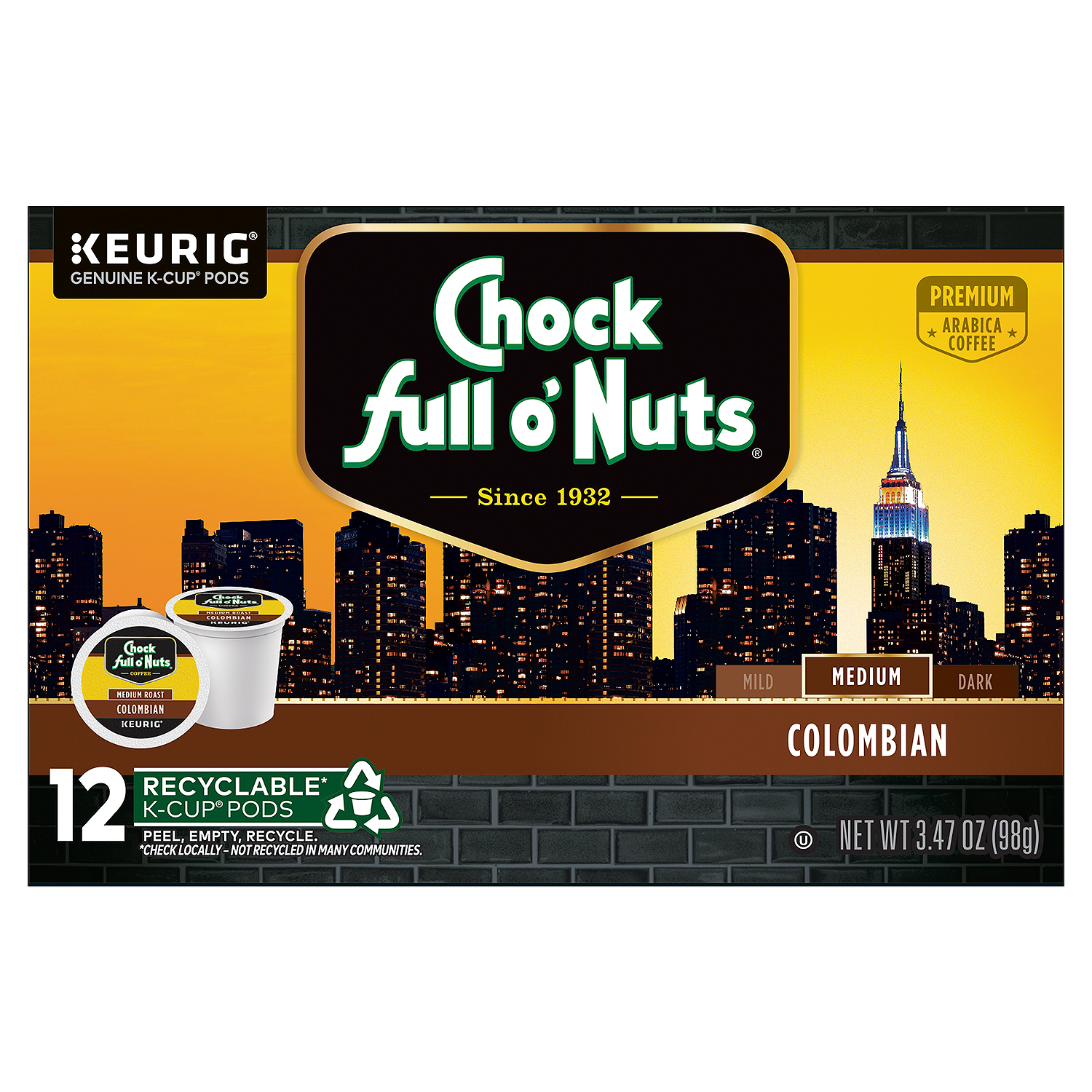 Chock full o'Nuts Colombian Medium Roast Arabica Coffee K-Cup Pods