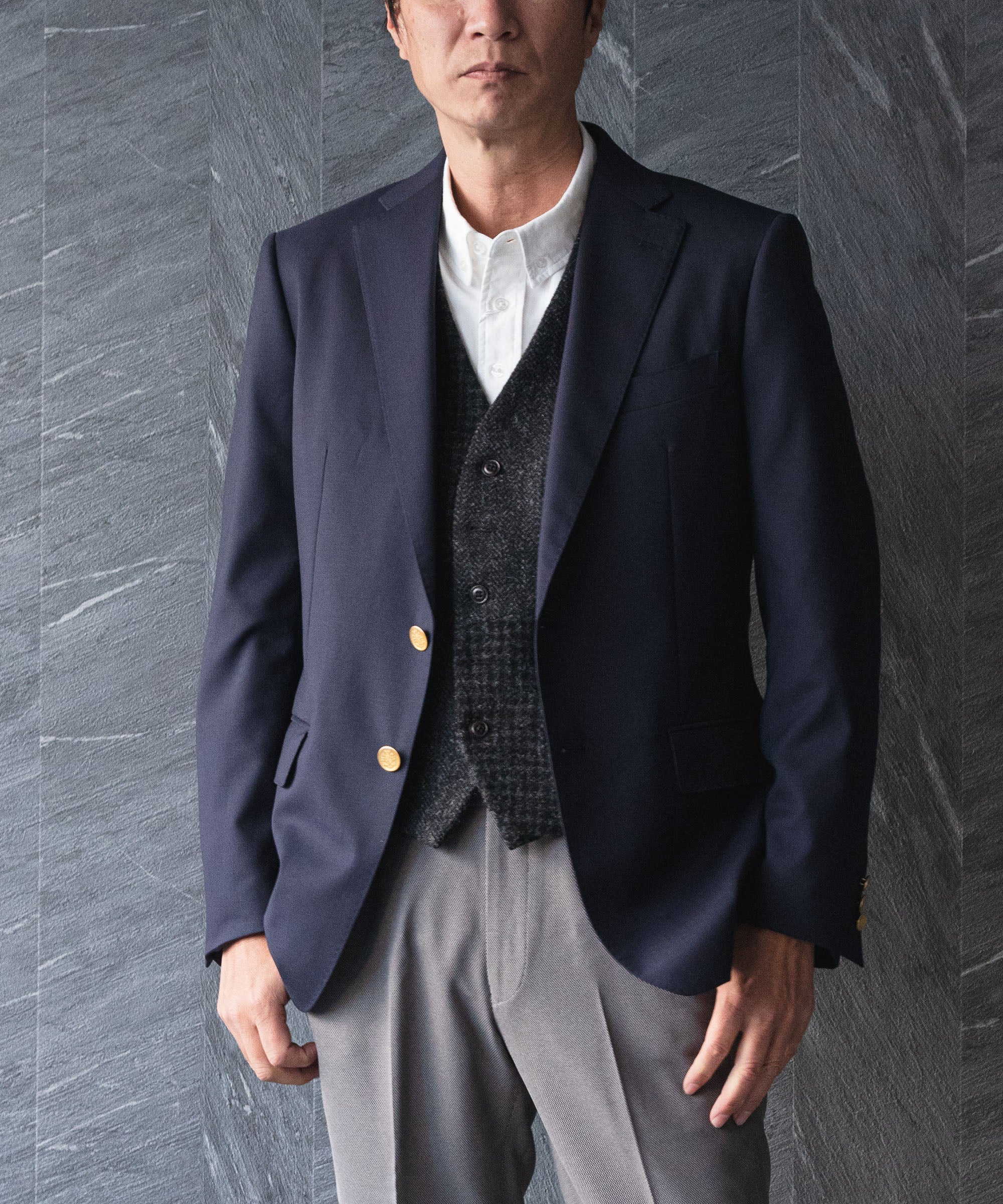 選べるボタン】 ウール混 シングル紺ブレザー – AWC │ active worker
