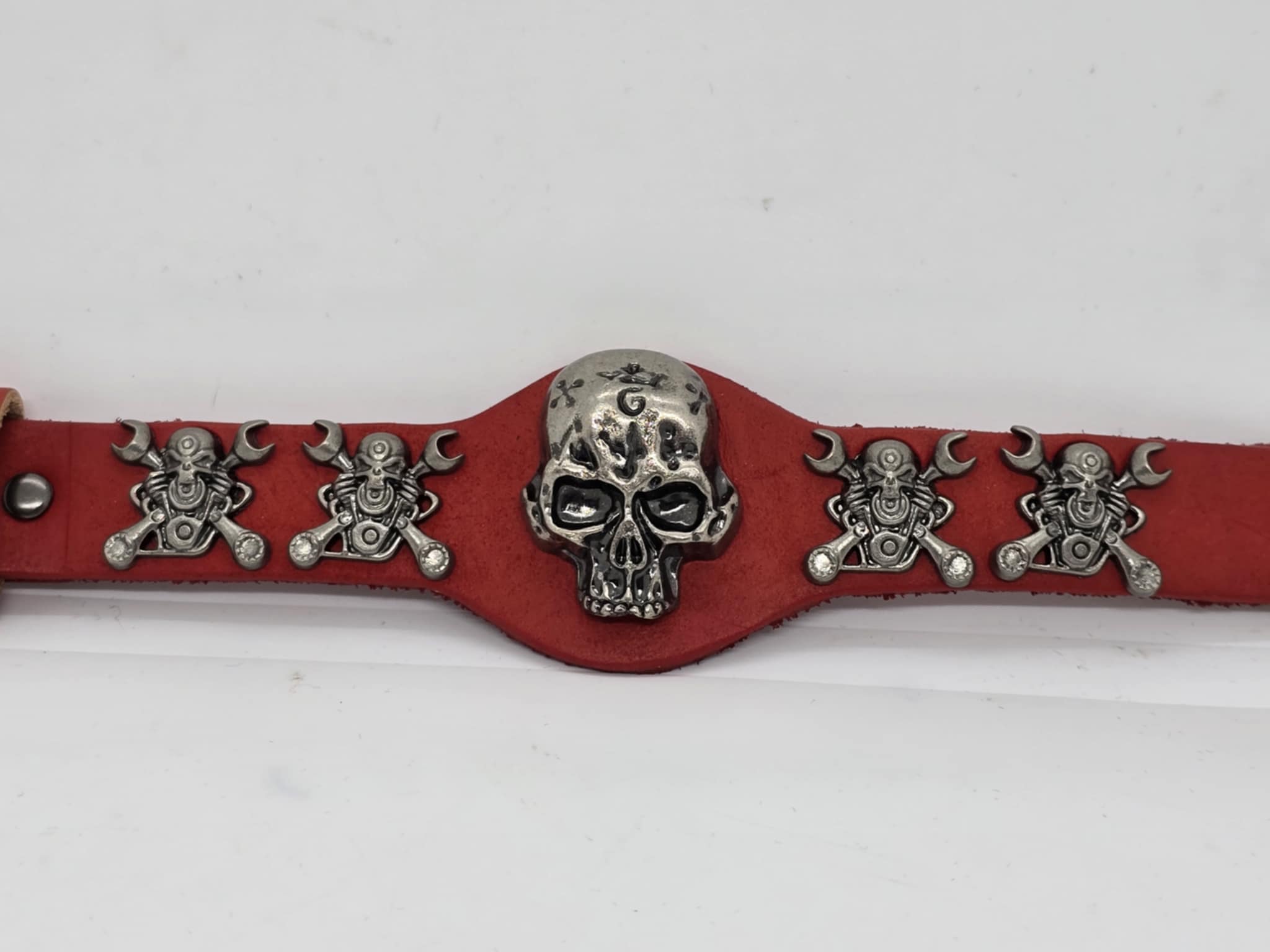 Red Leather Adjustable Skull Motor Wrench UNISEX Bracelet (sku8325