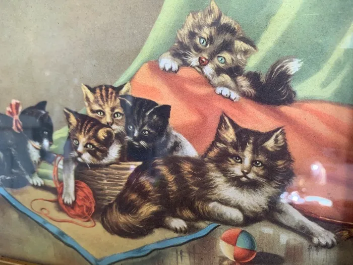 フランス 40s 猫 プリント アート 毛糸 アンティーク 壁掛け | Blue