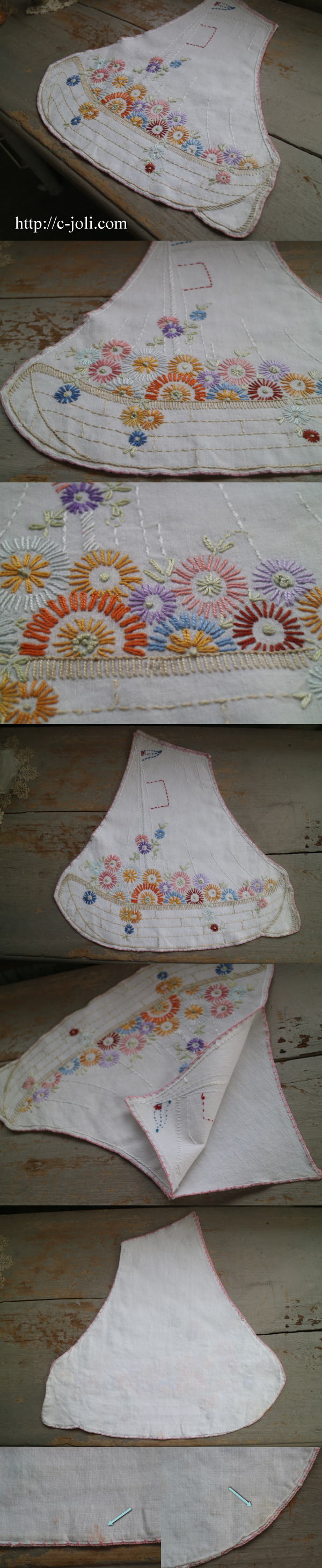 E-777 イギリスアンティークリネン小物入れ 手刺繍リネンウォールポケット