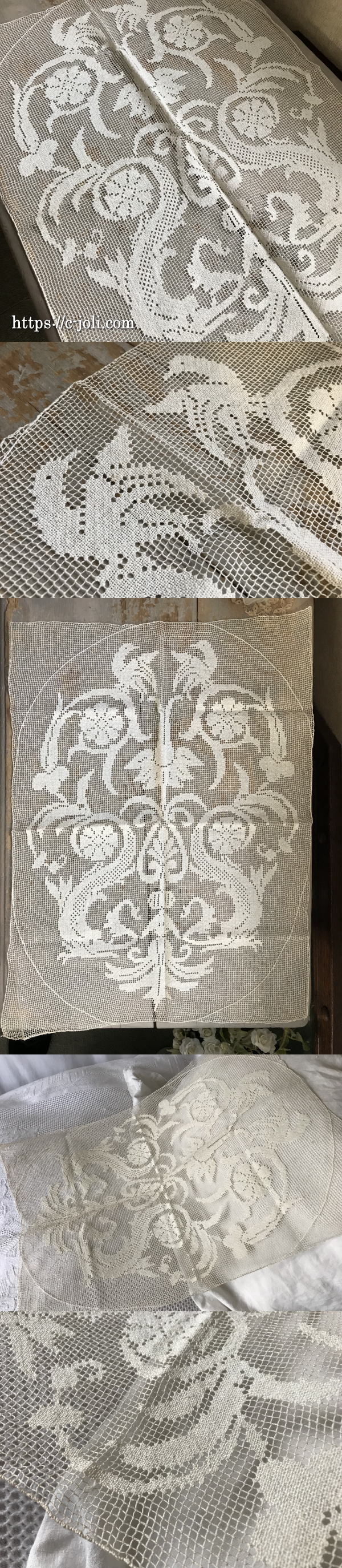 L2387 フランスアンティークレースクロス 花鳥柄ハンドワークリネン