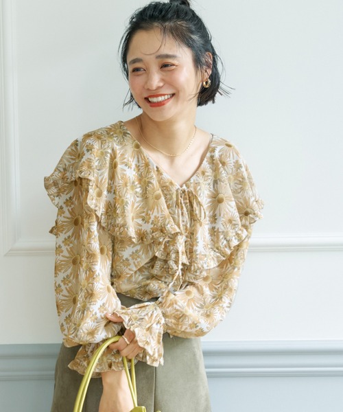 セール】フラワー柄ラッフルシフォンブラウス（Tシャツ/カットソー