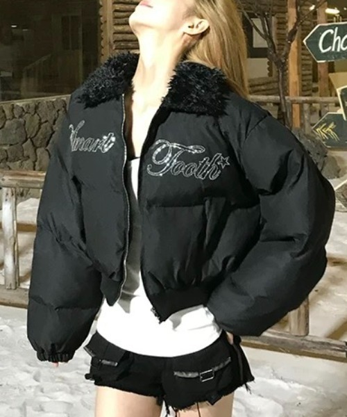 セール】もこもこ襟ラインストーン英字ロゴダウンジャケット（ダウン