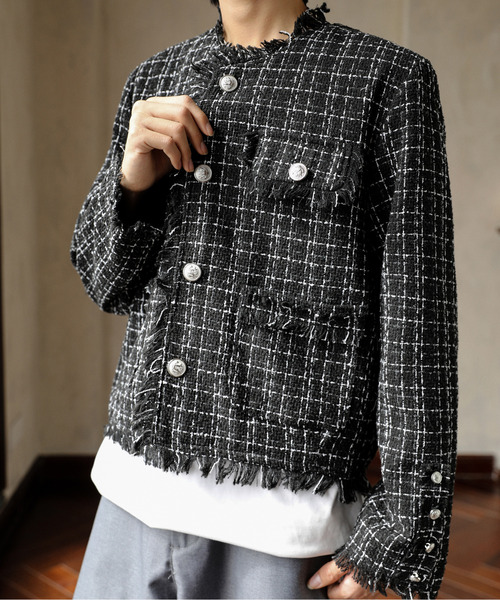 セール】【neos】ショート丈 フリンジ ツイル ノーカラー チェック