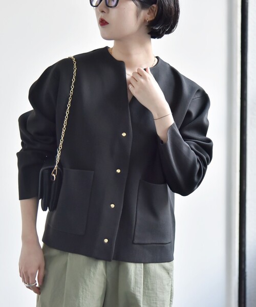 quaranciel:〈手洗い可能〉ノーカラー ポケット ニット ジャケット