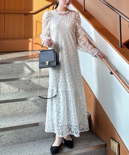 フラワー刺繍チュールレースワンピース（ワンピース）｜hinari（ヒナリ