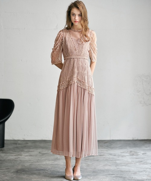 セール】レース×ドットチュールティアード切替え フレア ロング 結婚式