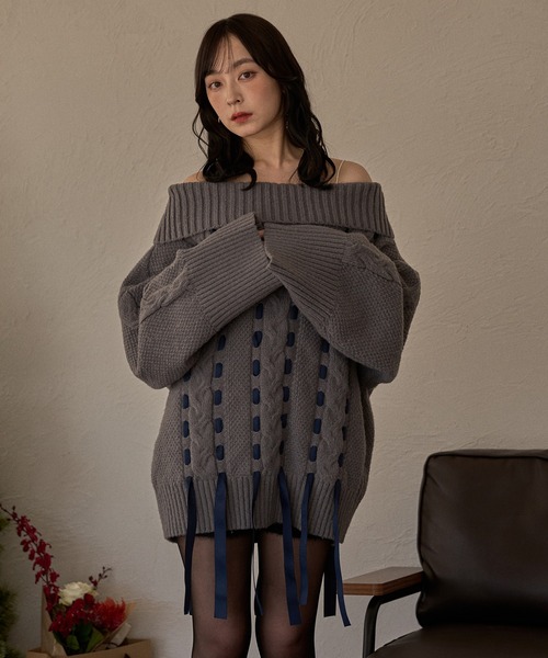 セール】ribbon stitch off shoulder knit / リボンステッチオフ