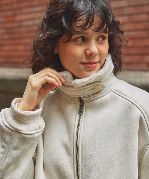 ボア襟付きフェイクムートン ミリタリーブルゾン/フライトジャケット