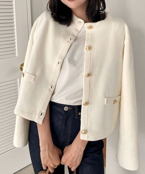 ZOZO限定】オリジナルボタンノーカラーニットジャケット（ノーカラー