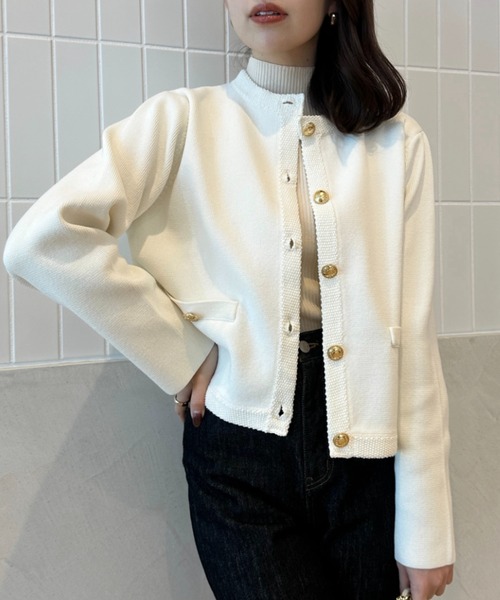 ZOZO限定】オリジナルボタンノーカラーニットジャケット（ノーカラー