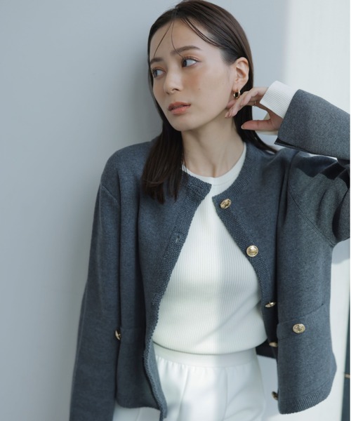 ZOZO限定】オリジナルボタンノーカラーニットジャケット（ノーカラー