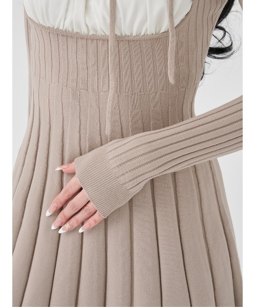 ネックリボンデザインフレアニットミニワンピース（ワンピース