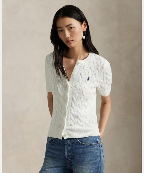 ケーブルニット コットン ショートスリーブ カーディガン