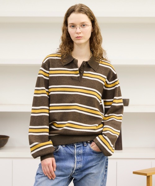 セール】Multi Stripe jacquard Knit polo/マルチストライプジャガード