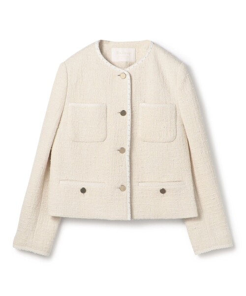 セール】スラブコットンツイード Vクルーネックジャケット（ノーカラー