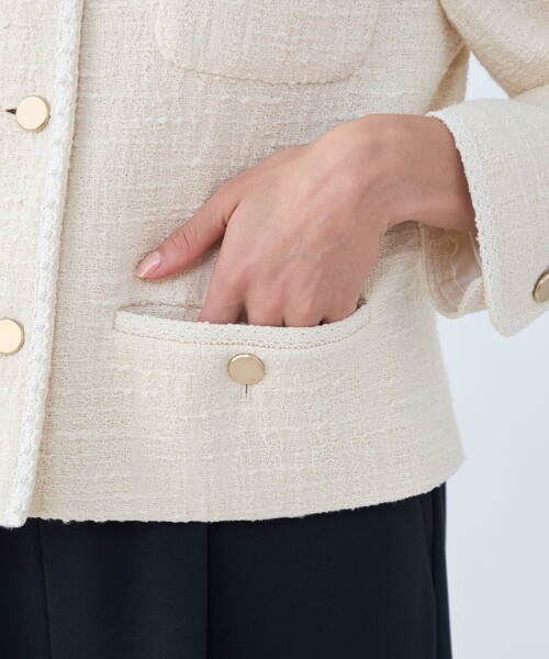 セール】スラブコットンツイード Vクルーネックジャケット（ノーカラー