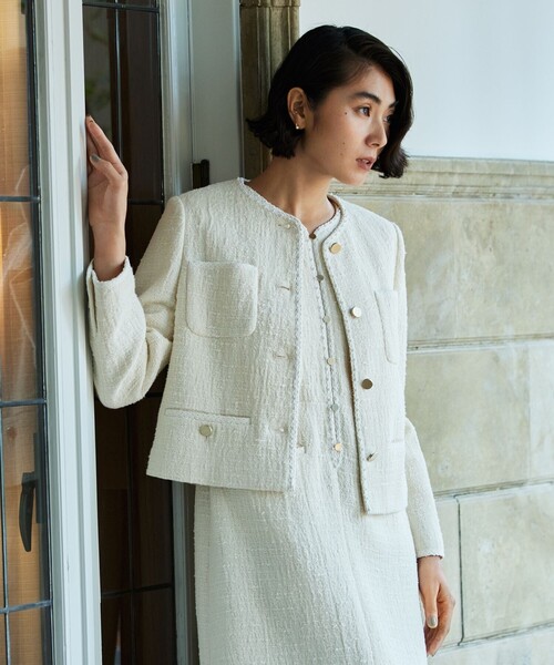 セール】スラブコットンツイード Vクルーネックジャケット（ノーカラー