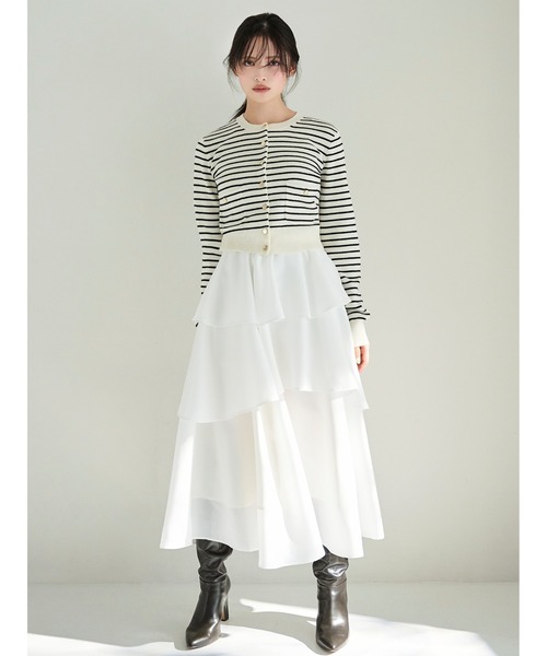 Sustainableニットカーデ×ティアードスカートセット（ワンピース