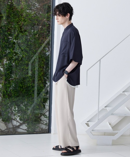 綾トロミ ドレープドルマン ハーフスリーブバンドカラーシャツ 2023SS