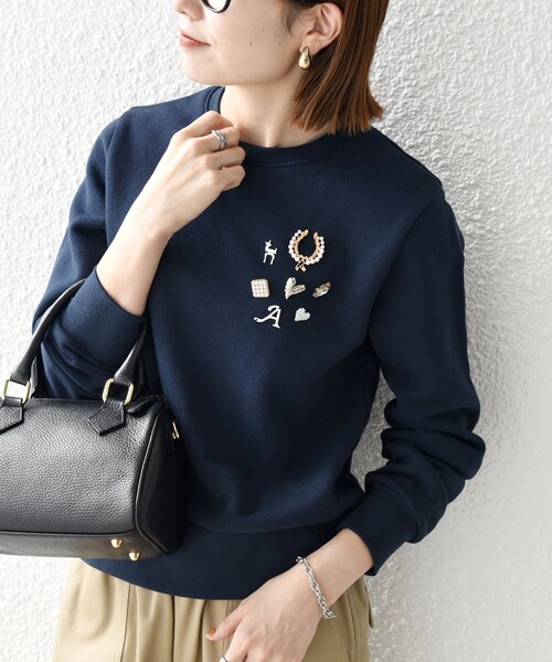 SHIPS any:〈手洗い可能〉裏起毛 ビジュー クルーネック コンパクト