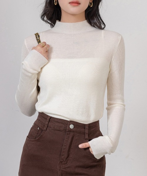 セール】レディース 長袖エフォートレスハイネックリブニットトップス