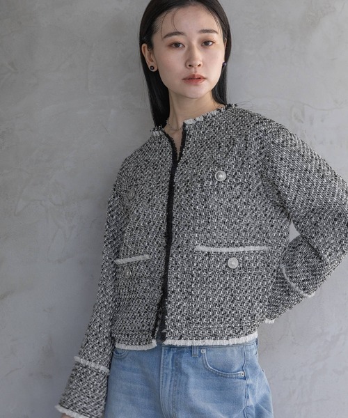 Sサイズ展開・セットアップ対応】ツイードノーカラージャケット（ノー