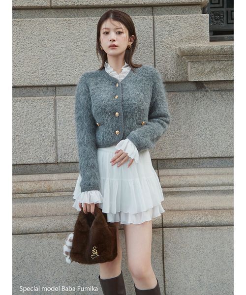 セール】ファーライクフリルニットジャケット（ノーカラージャケット