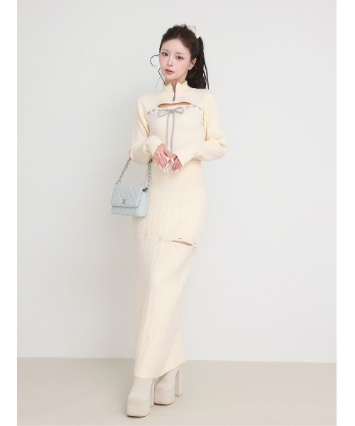 ステッチリボンオープンニットトップス（ニット/セーター）｜Darich