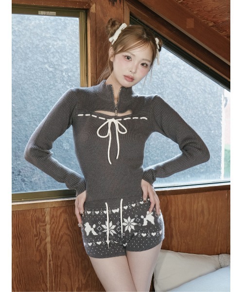 ステッチリボンオープンニットトップス（ニット/セーター）｜Darich