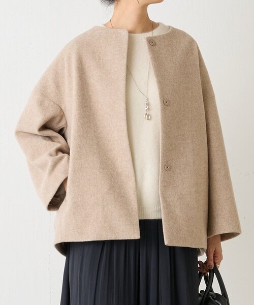 セール】後ろぷっくりウールショートコート（ノーカラーコート
