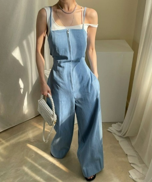 セール】ハイウエストデニムジャンプスーツ/ロンパース（サロペット