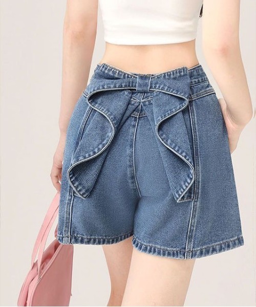 セール】リボンガーリーデニムショートパンツ /フェミニントレンド