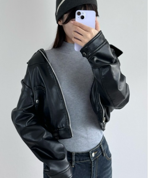 セール】Silly 韓国風レザーライクショートジャケット（ライダース
