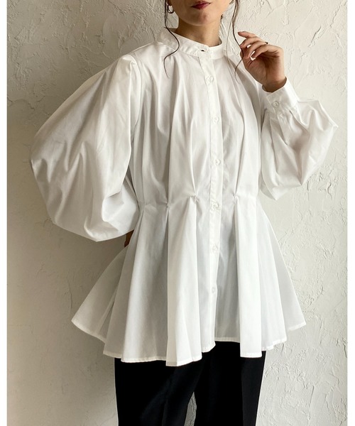 セール】スタンドカラーウエストタック長袖パフスリーブフレアペプラム