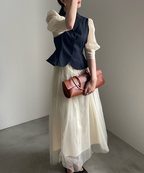 Ameri（アメリ）の「PEPLUM LINE CHIFFON SKIRT SET DRESS（ワンピース
