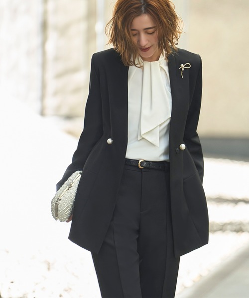 ノーカラーコクーンペプラムスリムパンツスーツ（スーツセット