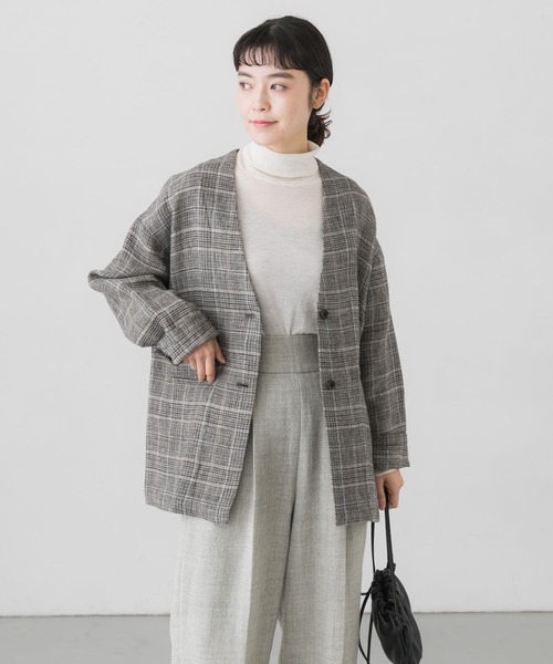 かぐれ（カグレ）の「リネンウールチェックジャケット（ノーカラー
