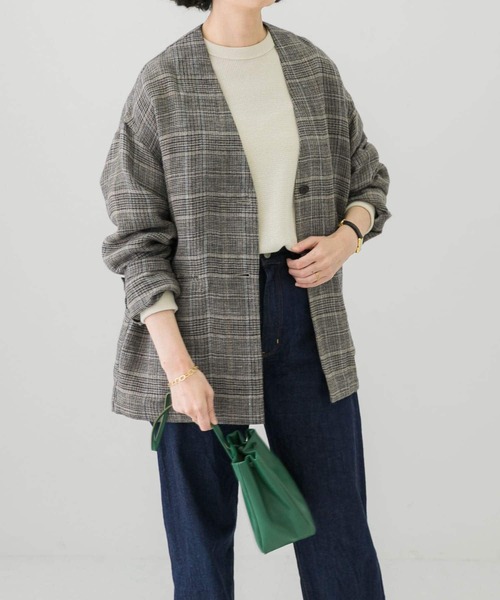 かぐれ（カグレ）の「リネンウールチェックジャケット（ノーカラー