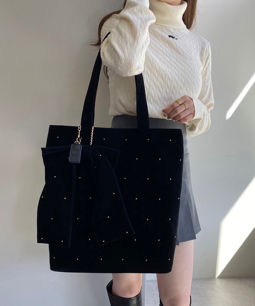 セール】リボンチャーム付き/ベロア×ビジュートートバッグ（トート
