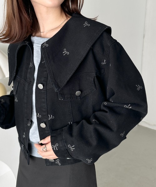 セール】セーラーカラーリボン柄デニムジャケット（デニムジャケット