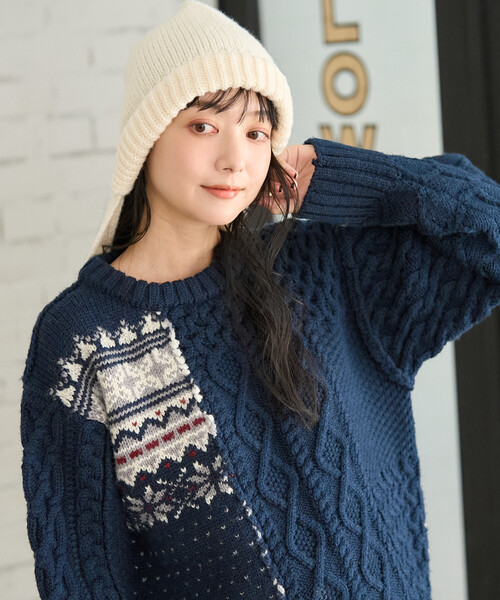 セール】ケーブル×ノルディック ドッキング ニットプルオーバー