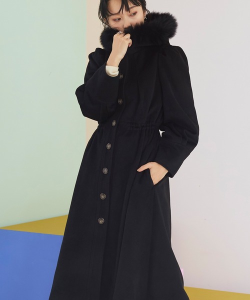 セール】フォックスファーフーディーウールロングコート ｜ レディース