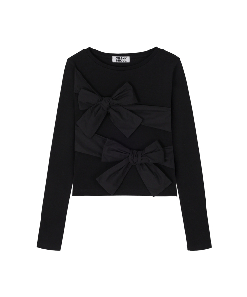 セール】ダブルリボンタイトトップ_ブラック（Tシャツ/カットソー